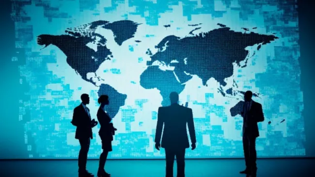 powerful people looking at world map